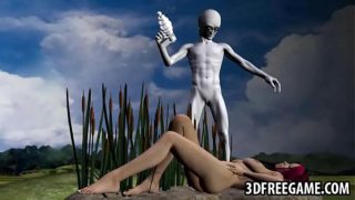 3D redhead babe sucking on an aliens hard cock