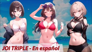 JOI hentai, tres amigas quieren masturbarte, en español.