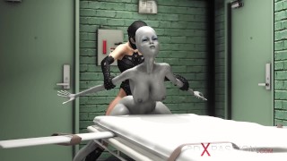 Female alien in a jail gets fucked hard by a hot dickgirl in a mask